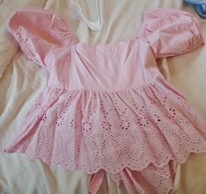 Altar'd State Pink Puff Sleeve Eyelet Peplum Top